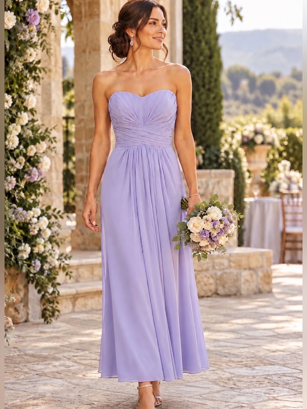 David's Bridal Women's Strapless Lavender Lilac Pleated Chiffon Gown 12